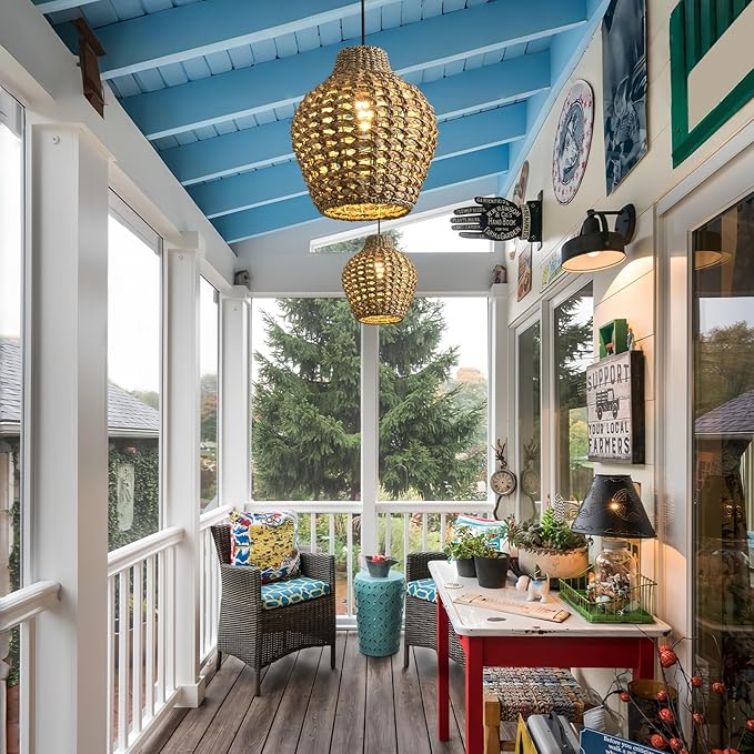 2-Pack Rattan Pendant Light 10.24" Boho Small Hand-Woven Lighting Modern Wicker Coastal Adjustable Rattan Chandelier for Kitchen Island Dining Room Bedroom Restaurant Foyer Farmhouse