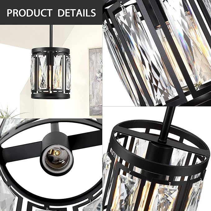 Mini Crystal Semi Flush Mount Ceiling Light, Convertible Hanging Pendant Lighting Fixture for Kitchen Island, Black Drum Shade Close to Ceiling Lights for Hallway Entryway