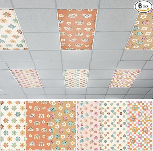 QOUBAI 6 Pcs Fluorescent Light Covers,4 x 2 Ft Magnetic Light Filters Boho Groovy Fluorescent Lights Shade Easy Install for Classroom Office Library Hospital Home Ceiling Hippie