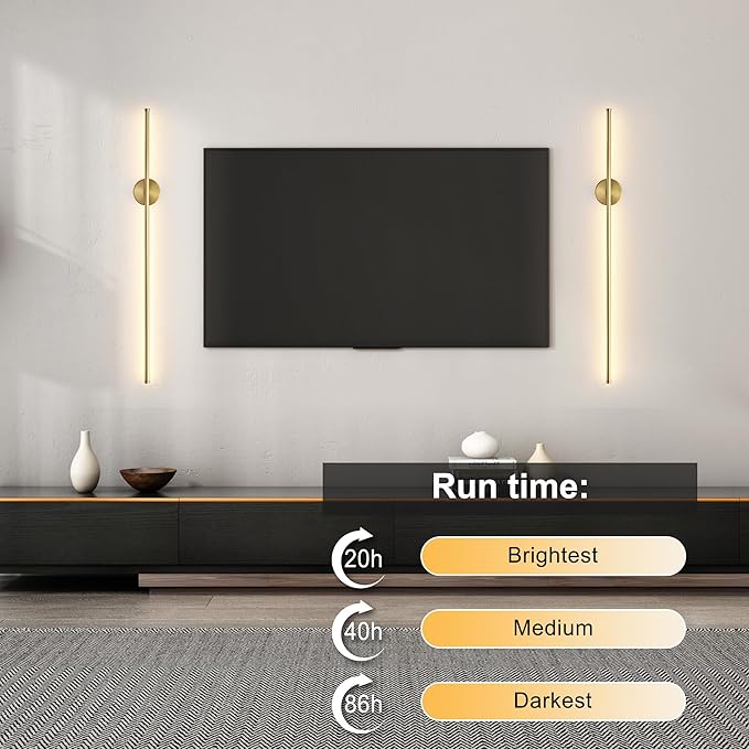 Battery Operated Modern Wall Sconces Set of Two,Rechargeable Wireless Wall Lights with Remote Control,Dimmable,3CCT,Timer,360°Rotation,Cordless Lighting for Bedroom,Living Room,Hallway,Brass,39.3 Inch