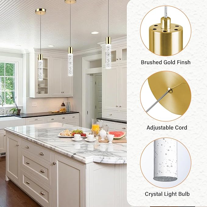 Pendant Lights Kitchen Island, 6500K Modern Kitchen Island Lights Brushed Gold, 3 Pack Ceiling Lighting Fixtures with Crystal Bubble, Integrated LED Hanging Light for Dining Room Restaurant