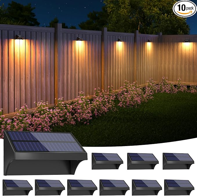 NIORSUN Outdoor Fence Lights, 10 Pack Waterproof LED Solar Fence Lights with 1500mAh Battery, Warm White/Cool White/RGB, Easy-to-Install Wall Light for Deck, Patio, Railing, Stairs, Backyard – Black