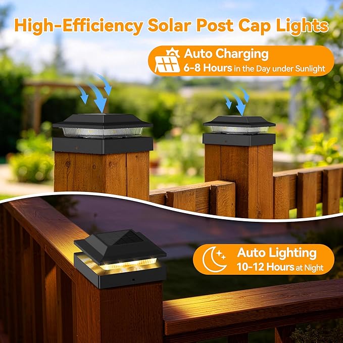 Solar Post Cap Lights 2-Pack, IP65 Waterproof Fence Post Solar Lights for 4x4 Wood/Vinyl Posts, Outdoor Post Lights with 2 Color Modes Decorate Garden Patio Porch Backyard, Pure Black
