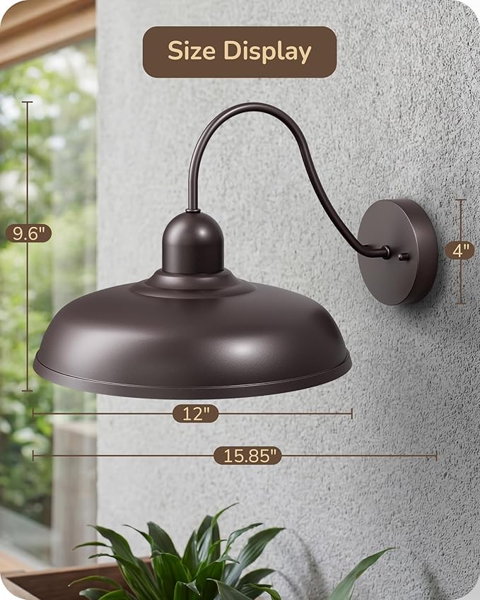 EDISHINE 12IN Farmhouse Outdoor Barn Light, 2 Pack Outdoor Wall Light Fixture, Gooseneck Outside Wall Sconce, Brown Wall Mount Lantern for Porch, Entryway, Garage