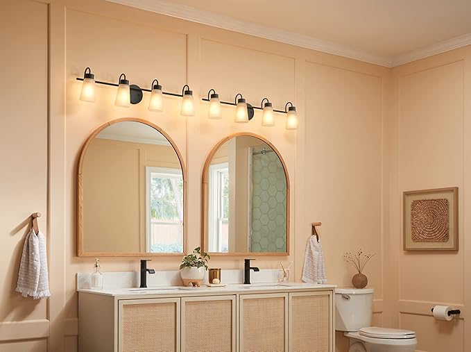 Kichler Stamos 4-Light Bathroom Vanity Light Fixture with Satin Etched Glass Shades, 26 in Modern Wall Light in Black for over Mirror (26 in x 8 in x 5 in), 52608BK