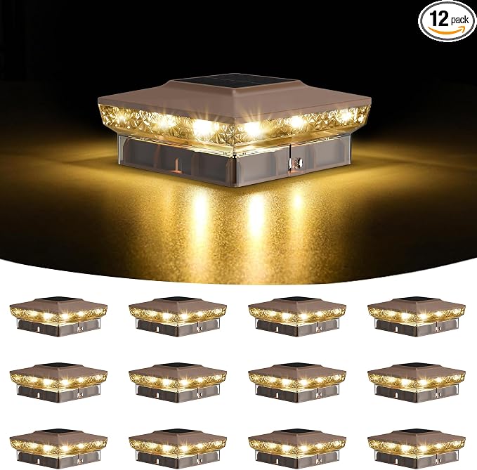 KEILAIMO Solar Post Cap Lights, 12-Pack Upgraded Outdoor Deck Fence Post Solar Lights for 4x4 5x5 Wood/Vinyl Posts, IP65 Waterproof, 10-12 Hours Warm/Cool White Glow for Garden/Patio/Porch - Brown