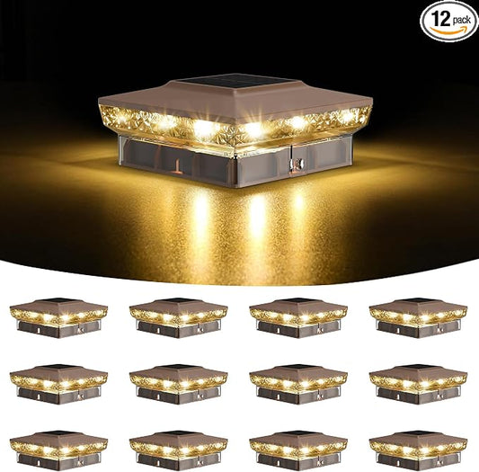 KEILAIMO Solar Post Cap Lights, 12-Pack Upgraded Outdoor Deck Fence Post Solar Lights for 4x4 5x5 Wood/Vinyl Posts, IP65 Waterproof, 10-12 Hours Warm/Cool White Glow for Garden/Patio/Porch - Brown