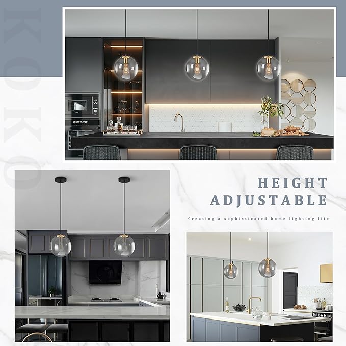 KoKo&Yukina 10 Inch Pendant Light Glod Globe Pendant Lights Kitchen Island Mid Century Light Fixture Adjustable Globe Pendants Lights with Grey Glass Shade for Dining Room Living Room