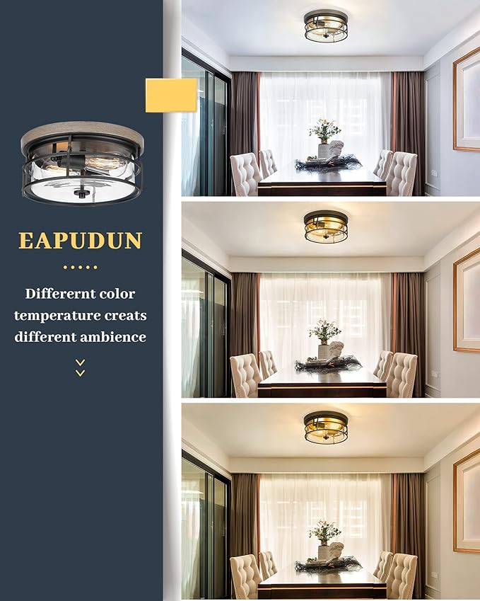 EAPUDUN 2-Light Flush Mount Ceiling Light Fixture, 12inch Farmhouse Vintage Close to Ceiling Lights with Clear Glass for Kitchen Bedroom Foyer Hallway Stairway Entryway, FMA1414-FBDT