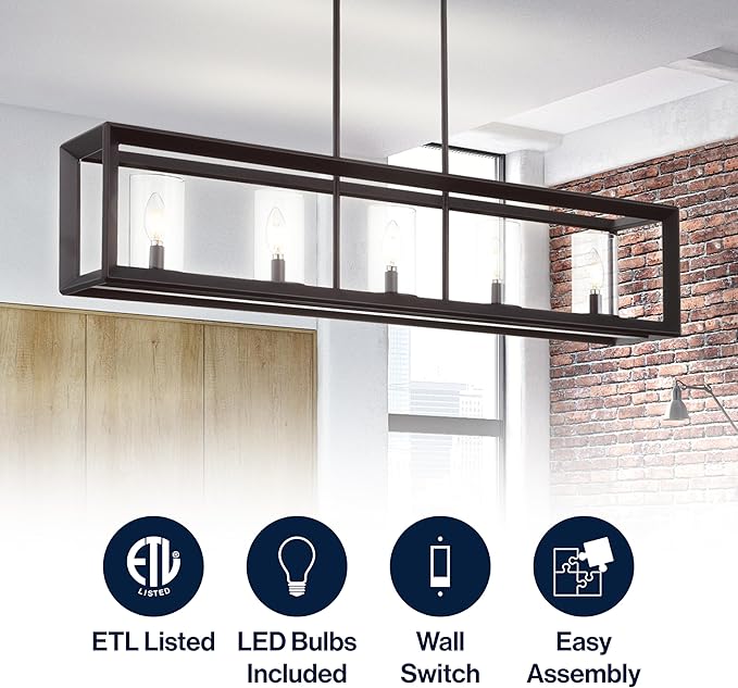 JONATHAN Y 38.5" Oil Rubbed Bronze Linear 5-Light LED Chandelier, Adjustable Clear Glass Shades Modern Pendant Light Fixture for Kitchen Island, Dining Room, ETL Listed JYL7414A