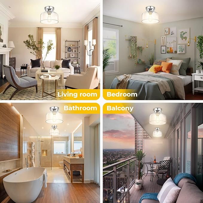 LACCEN Semi Flush Mount Ceiling Light Silver, Clear Glass Pendant Lamp Shade, Modern Farmhouse Light Fixture for Hallway Corridor Kitchen Entryway Bedroom, Bulb Not Included