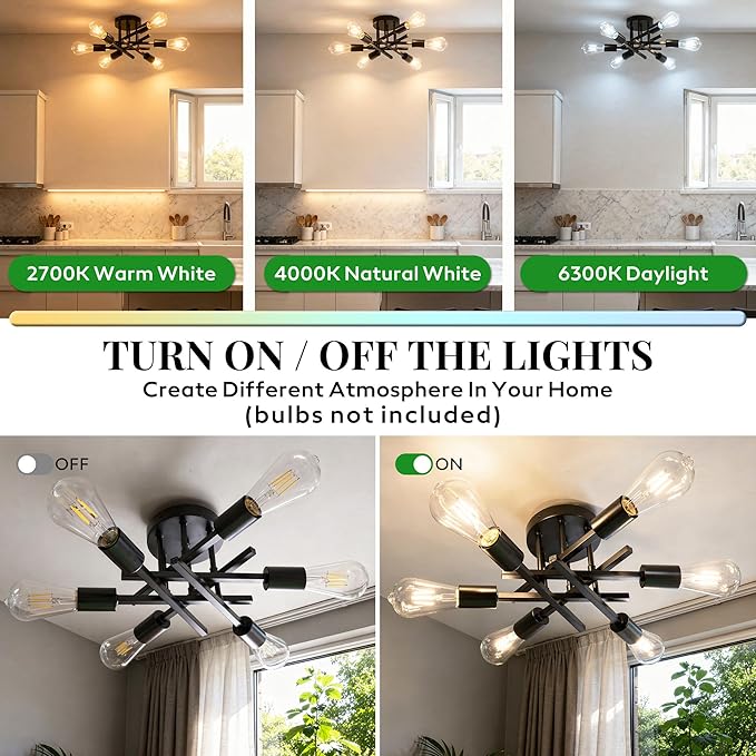 6-Light Semi Flush Mount Ceiling Light Fixture, Modern Black Sputnik Chandelier Lighting for Dining Room, Kitchen, Bedroom, Living Room, Farmhouse Industrial Ceiling Light with E26 Sockets