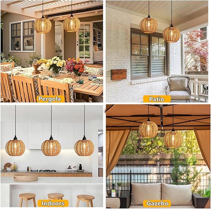 TWINKVILLA Battery Operated Chandelier, 2Pack Hanging Gazebo Lights, Cactus Shape Boho Rattan Pendant Lights Outdoor Waterproof for Patio Tree Pergola Porch and Indoor Decor