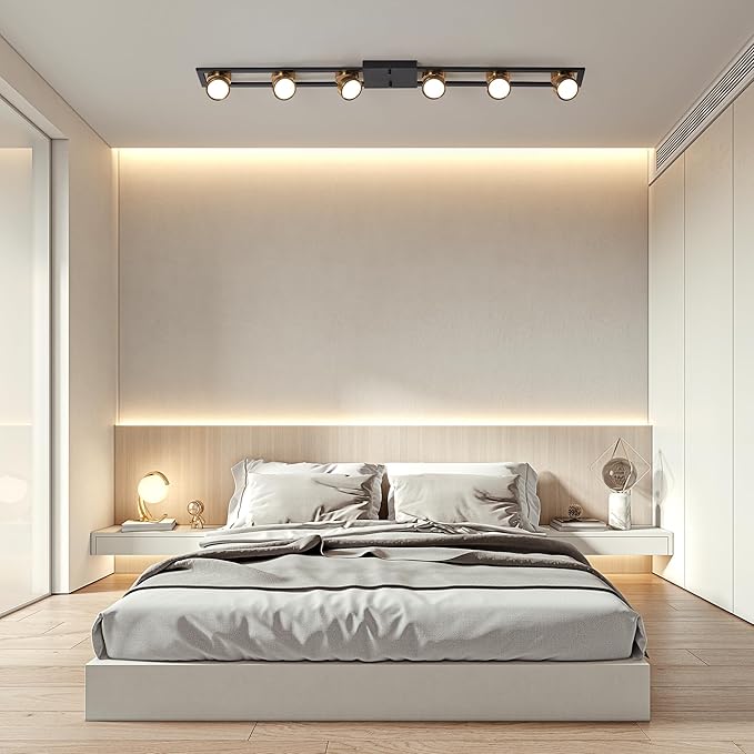 Garwarm Modern Ceiling Light Track Lighting Fixtures, 48.4 Inch Dimmable LED Kitchen Ceiling Light with Remote 6-Light Black LED Chandelier for Dining Room Bedroom