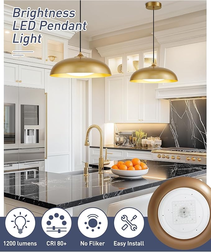 kudos LED Pendant Light Fixtures, Modern Gold Pendant Light, 15 Inch Large Kitchen Pendant Light for Kitchen Island, Dining Room, Living Room, Bedroom, 5CCT Adjustable, KDPL02-GD