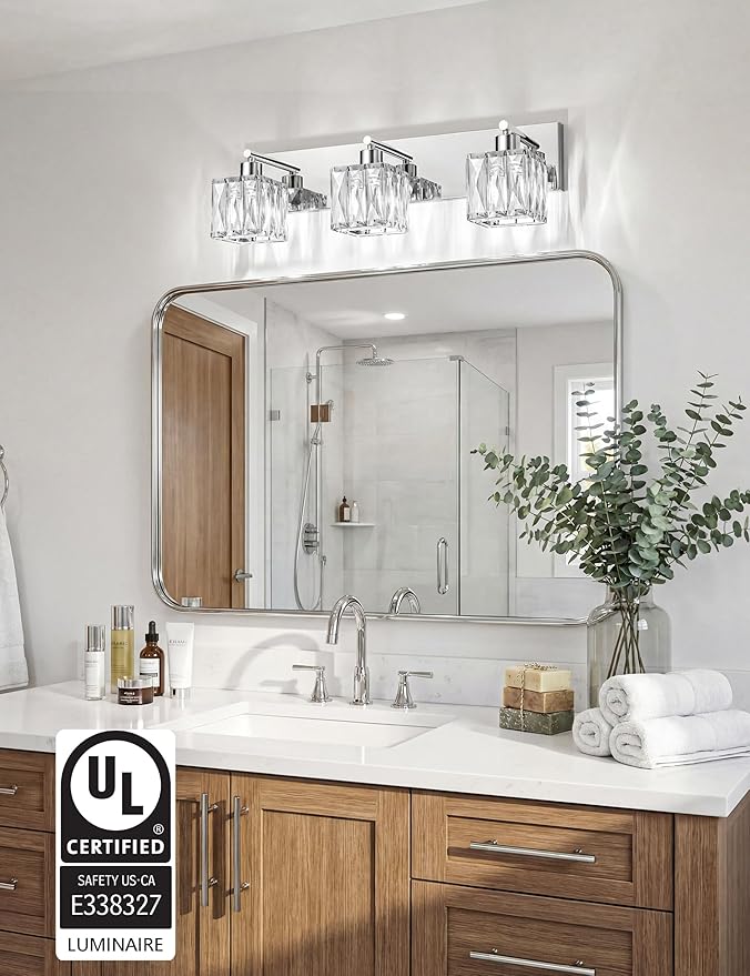 VOLISUN Chrome Bathroom Light Fixtures, Modern Stainless Steel Bathroom Lighting Fixtures Over Mirror, 3 Light Bathrooms Vanity Light, Crystal Vanity Light for Bathrooms-UL Certificated(Exclude Bulb)