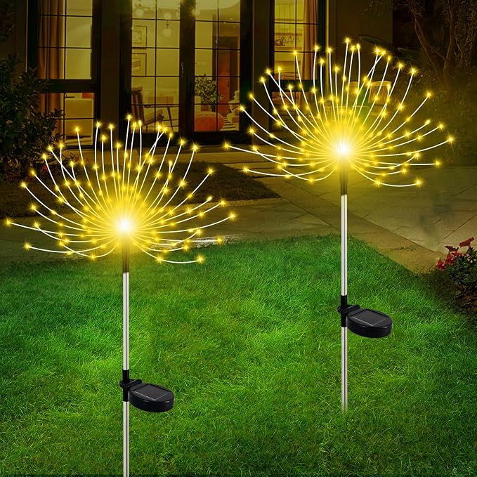 Solar Garden Lights Outdoor, 6 Pack 120 LED Twinkling Firework Lights Decorative with 2 Modes, Outdoor Waterproof Solar Starburst Light for Outside Yard Pathway Garden Decor, Warm White