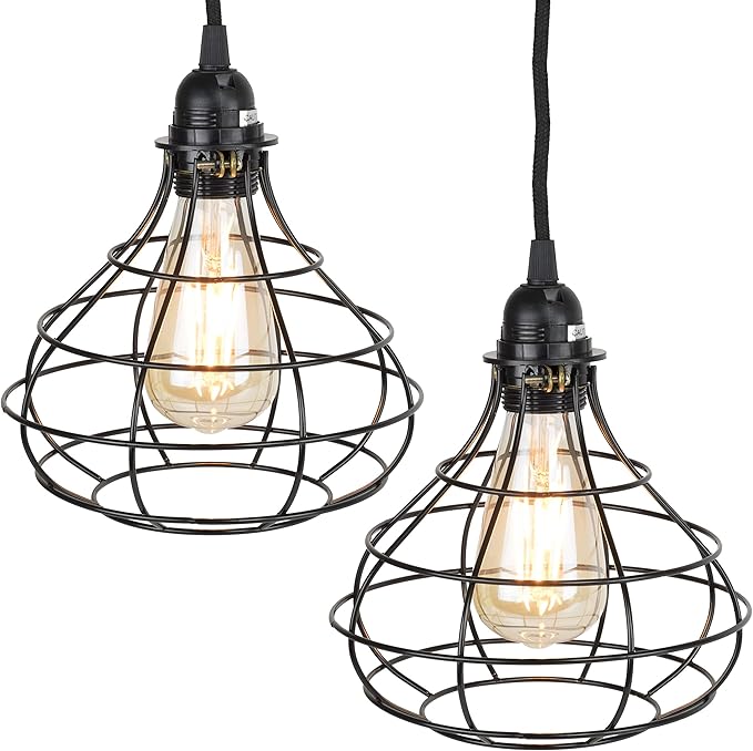 Rustic State Pendant Light Shades Light Bulb Covers 15" Fabric Plug-in Cord with Toggle Switch Edison LED Bulb - Lamp Cage Pendant Light Cover - Set of 2 - Black