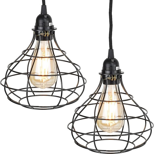 Rustic State Pendant Light Shades Light Bulb Covers 15" Fabric Plug-in Cord with Toggle Switch Edison LED Bulb - Lamp Cage Pendant Light Cover - Set of 2 - Black