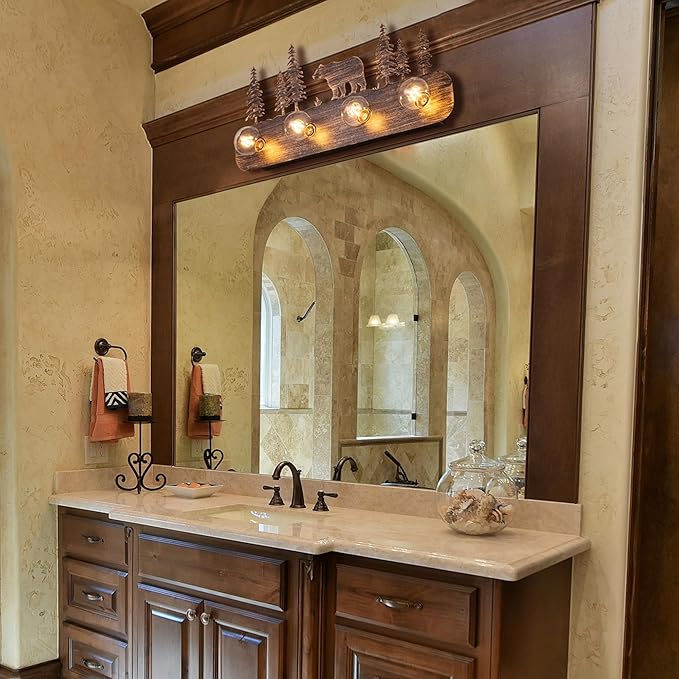 TOCHIC Rustic Bathroom Light Fixtures, 4 Lights Farmhouse Bathroom Vanity Light Over Mirror Dimmable, Western Bear Sconces Wall Lighting for Mirror Cabinets, Powder Room, Living Room, Bronze, 26”L