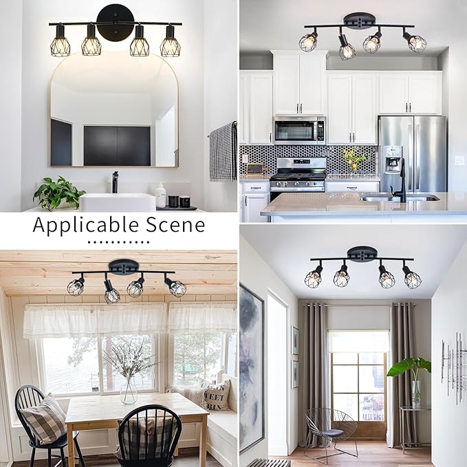Track Lighting Kit, 4-Light Adjustable Multi-Directional Ceiling Light Fixtures, Vintage Black Metal Wire Cage Farmhouse Light Fixtures Ceiling Mount for Kitchen Dining Table Hallway Bathroom Bedroom
