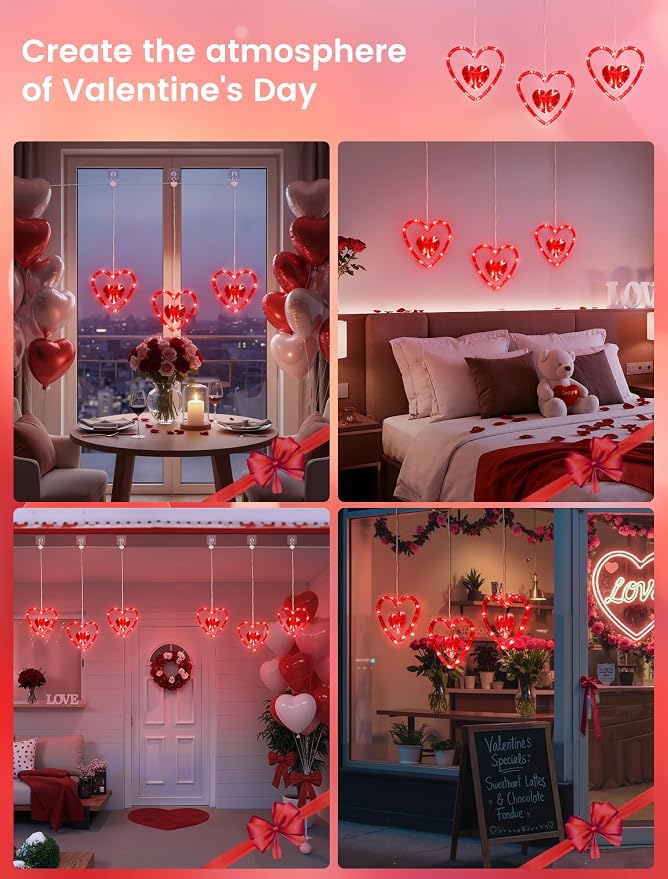 Valentines Day Window Lights,45LED Love Hearts String Lights for Bedroom,Timer Memory Hanging Curtain Light 8 Mode,USB/Battery Operate Valentines Light for Wedding Anniversaries Party(Red)