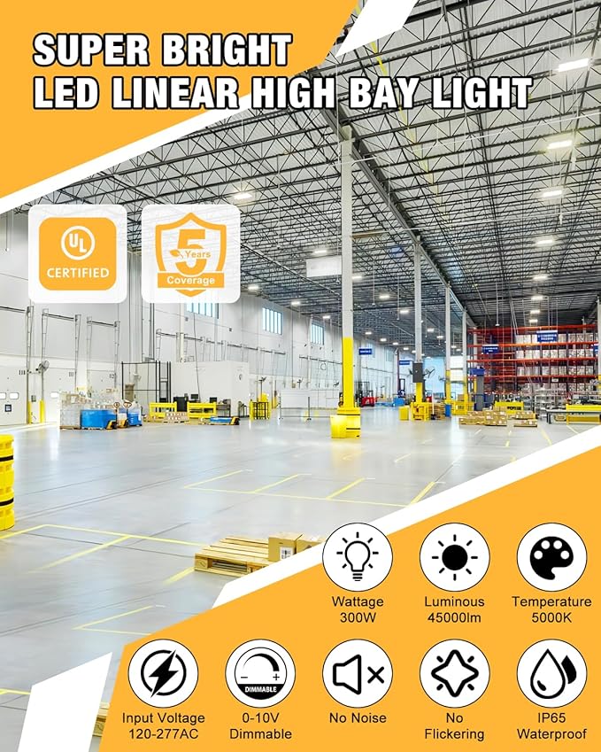 300W LED Linear High Bay Light, 45000LM LED Linear Shop Light Commercial 120-277V, 5000K High Bay Lights for Warehouse, Garage Factory, UL Listed, 5 Years Warranty, White