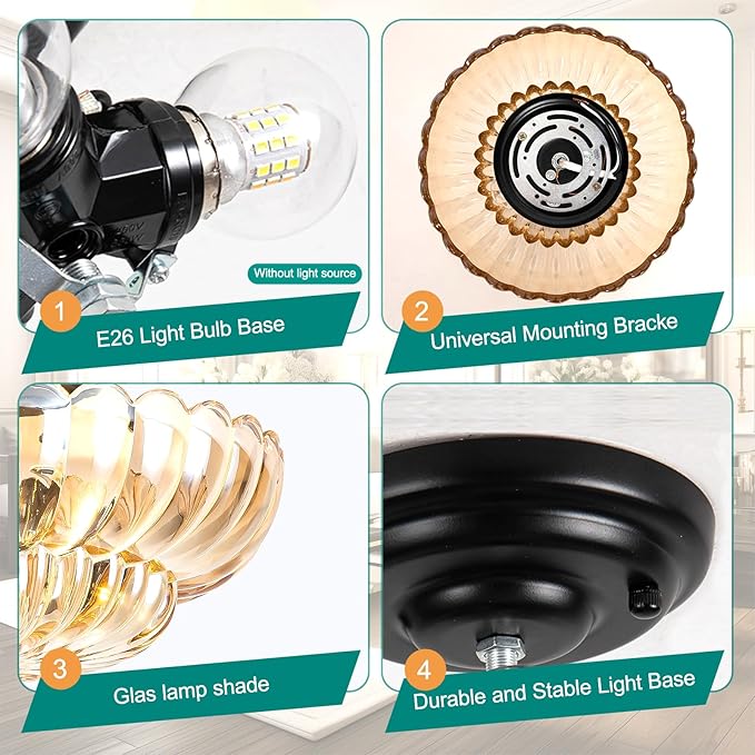 Semi Flush Mount Ceiling Light, Modern Ceiling Light Fixture with Amber Glass, Vintage Indoor E26 Kitchen Lighting for Closet, Porch, Corridor, Hallway, Bedroom