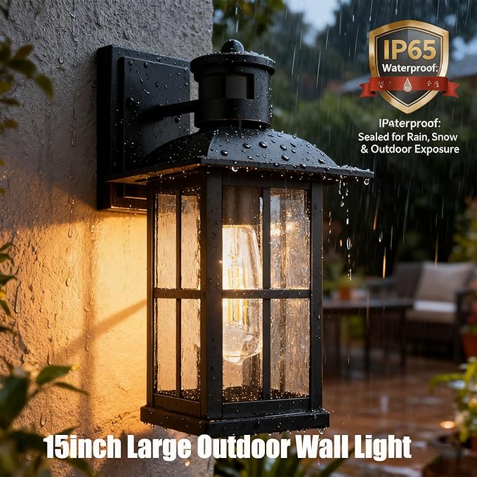 4-Pack 15inch Large Outdoor Wall Lights,Modern Black Exterior Lantern Wall Light Fixture with E26 Sockets & Tempered Glass,Waterproof Porch Wall Lighting for Garage,Garden