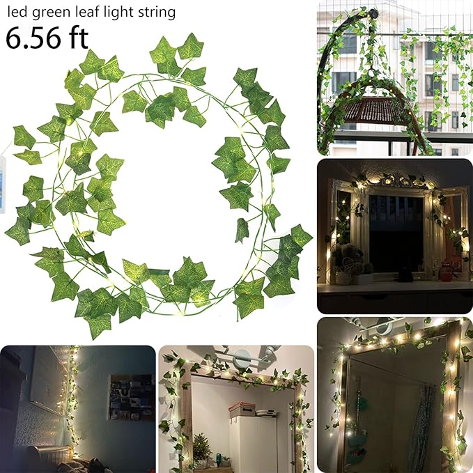 2 Pack 6.56 Ft Green Ivy Leaves Fairy String Lights Battery Operated, 40 LEDs Battery Powered Artificial Garland Plant Vine Fairy Light for Bedroom Wedding Party Holiday Patio Decor（Warm White）