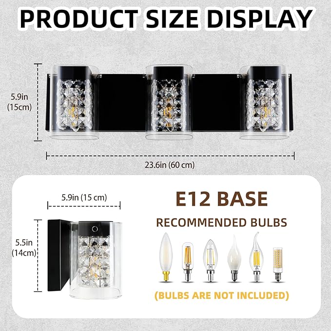 Modern Crystal Bathroom Light Fixtures, 3-Light Black Vanity Lights with Clear Shades, Bathroom Lighting Fixtures Over Mirror Wall Light for Living Room, Decoration,Bedroom（Exclude Bulb）