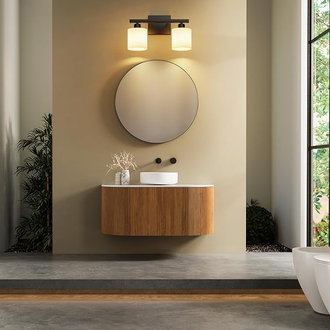PARTPHONER Bathroom Light Fixtures, Bathroom Lighting Fixtures Over Mirror, Interior Classic Vanity Lights, Modern Vanity Light with Textured White Glass Shade, Matte Black, 2-Light