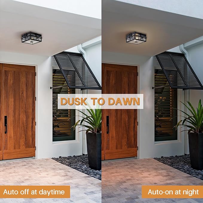Upgraded Motion Sensor Outdoor Ceiling Light,outdoor flush mount porch light with Adjustable sensor, Dusk to Dawn 2-Light Outdoor Light Fixture Ceiling Mount with Clear Glass for Porch Garage Patio