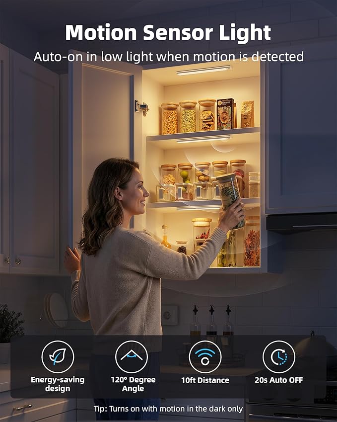 Under Cabinet Lighting, 12inch Rechargeable Motion Sensor Light Indoor, 2400mAh Battery Operated Closet Lights, with Dimmable & 3 Color Temps, Wireless Under Counter Lights for Kitchen,Stairs(6Pack) ﻿