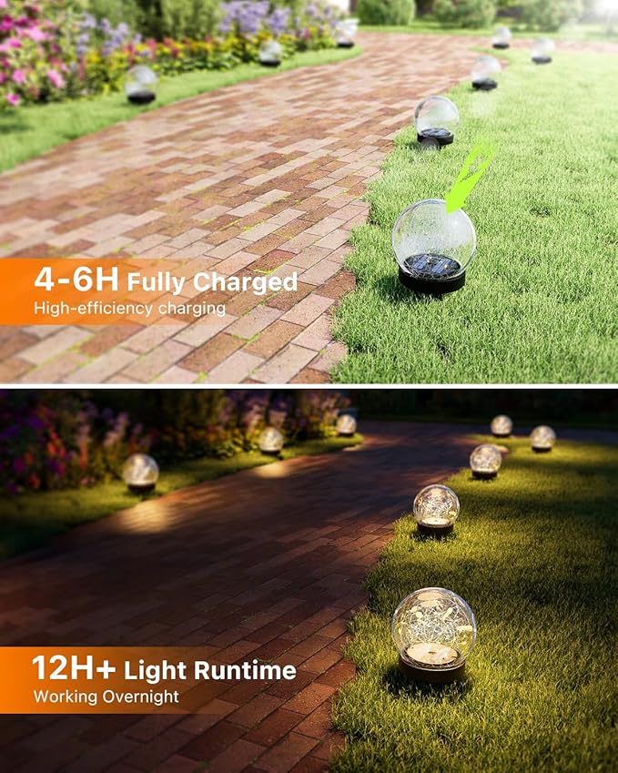 4 Pack 4.72" Solar Powered Cracked Glass Globe Lights Outdoor Waterproof Decorative Table Ball Lamps for Outside Garden, Patio, Yard, Deck, Pathway, Backyard Decoration Easy to Install (Warm White)