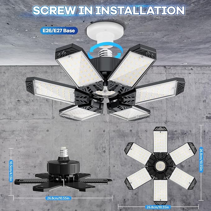 Garage Light 2 Pack - 200W 20000LM Garage Lights Ceiling LED 6500K with 6+1 Deformable Panels, Screw in E26/E27 Bulb Socket LED Shop Lights for Workshop Barn Basement Gym Bay Lighting