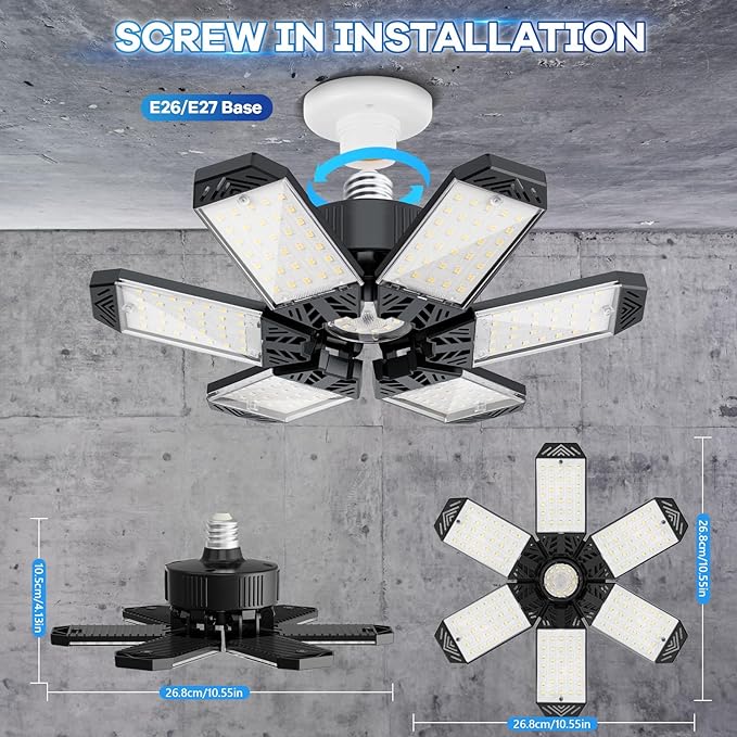LED Garage Light - 200W 20000LM Garage Lights Ceiling LED, 6500K Shop Lights Screw in E26/E27 Bulb Socket with 6 Deformable Panels, Lighting for Workshop Basement Barn