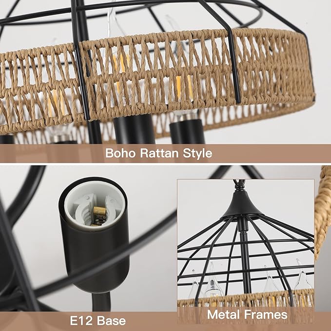 SEEBLEN Semi Flush Mount Ceiling Light,Rattan Ceiling Light Fixtures 4 Light Hand-Woven Boho Light Fixtures Ceiling Mount for Bedroom Hallway Kitchen Entry.