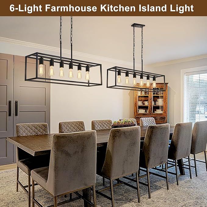Boncoo 6 Light Black Chandeliers for Dining Room, Adjustable Height Linear Chandelier Kitchen Light Fixture, Modern Farmhouse Chandelier Rectangle Island Light for Kitchen Hanging Light Fixtures