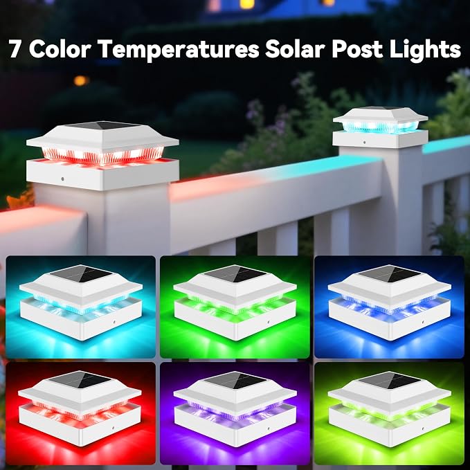 12 Pack Solar Post Cap Lights RGB Color Changing, IP65 Waterproof for 4x4 Wood/Vinyl Posts, Auto On/Off Fence Posts Solars Light for Deck Patio Garden Decoration, White