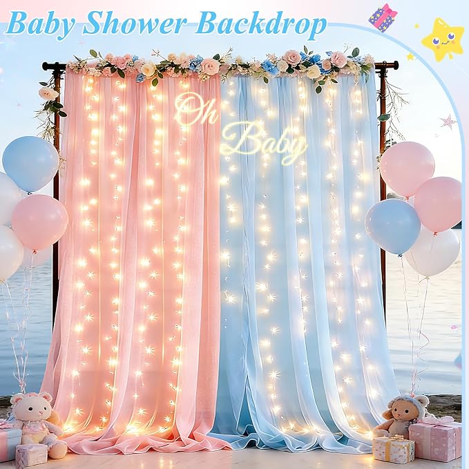Ledido 2 Pack 10×8ft Pink Blue Tulle Backdrop Curtains with Light String - 600LED Fairy Light Sheer Curtain Backdrop for Gender Reveal Baby Shower Photo Shoot Birthday Party Decoration(4 Panels 5×8ft)