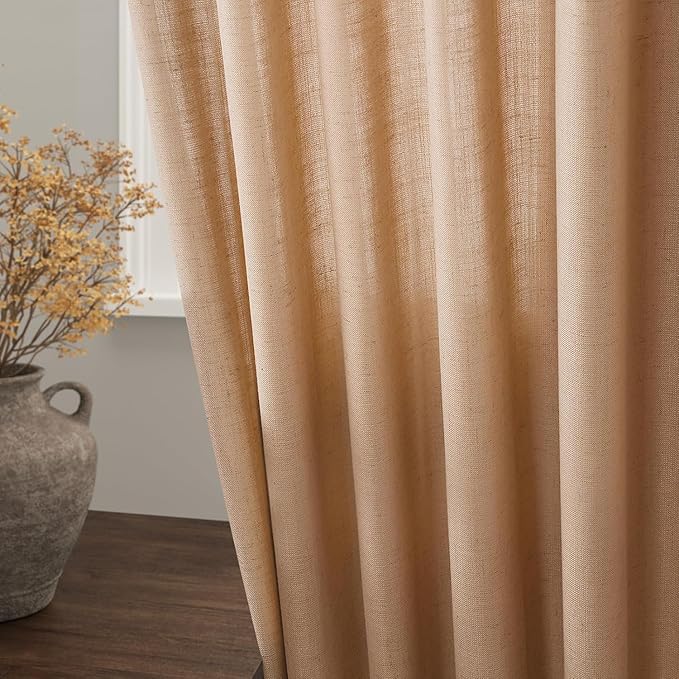 Nanspring Camel Linen Curtains for Living Room Extra Long 132 Inches Long Back Tab Light Filtering Semi Sheer Curtain Vintage Rustic Decor Floor to Ceiling High Window for Bedroom 52x132, 2 Panels