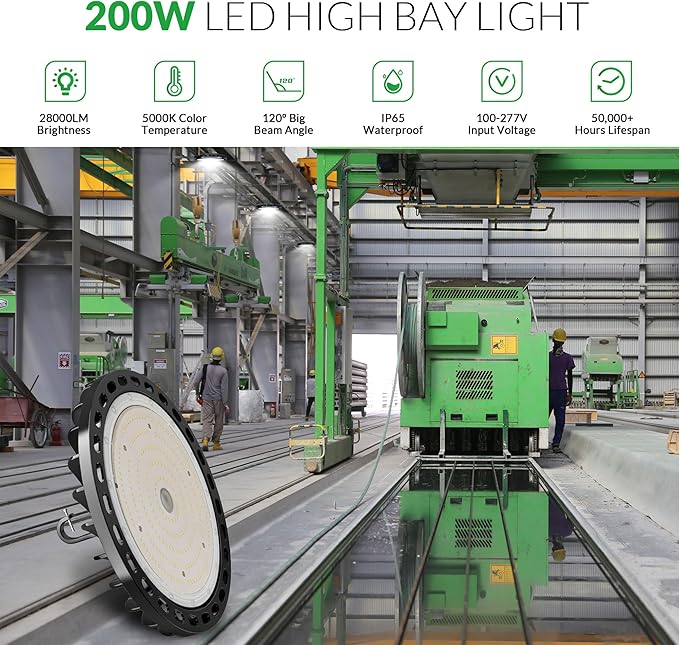 200W UFO LED High Bay Light 28000 LM with US Plug 5ft Cable, 5000K Daylight, Commercial Industrial Warehouse Workshop Factory Barn Garage Area Lighting Fixture, Non-Dim