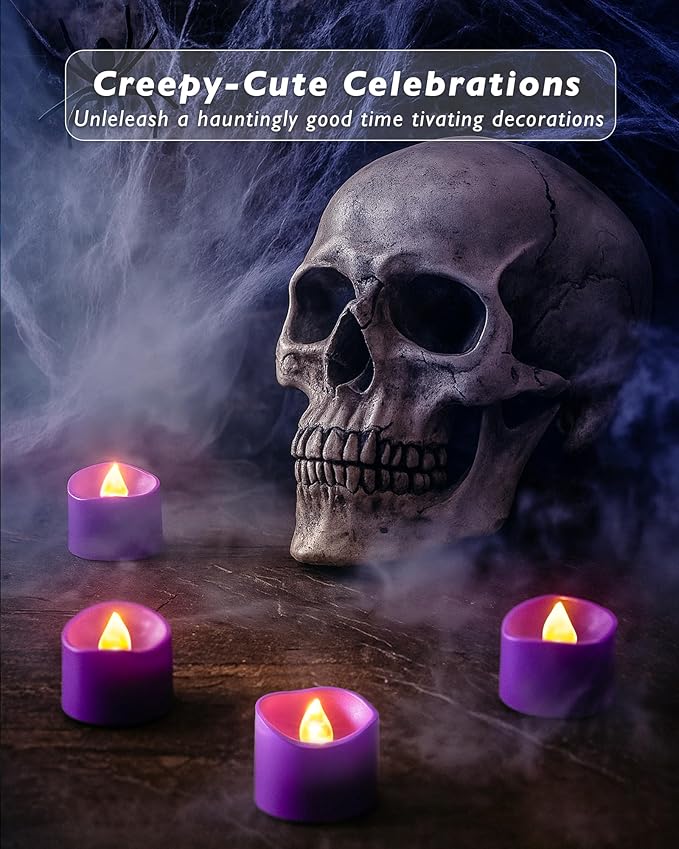 Raycare Purple Battery Operated Tea Lights, 200+Hour Electric Flickering Flameless Candles, Realistic Votive LED Tea Lights for Wedding Party Table Mother's Day Halloween Decorations, 12 Pack