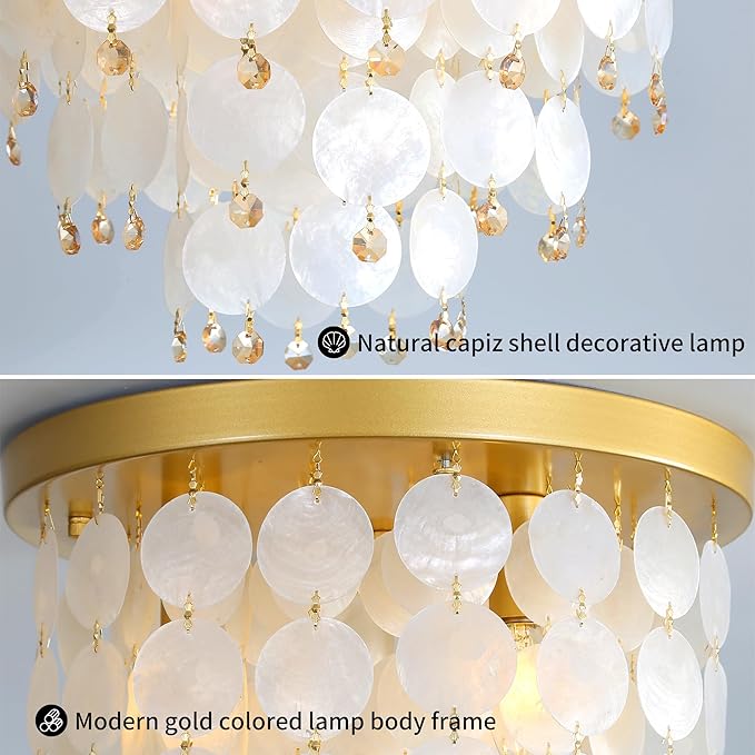 13" Flush Mount Chandelier Natural Capiz Shell Ceiling Light 3 Light Mini Chandelier Gold Crystal Small Hallway Light Fixtures Ceiling for Bedroom Kitchen Island Dinning Room Bulb Included