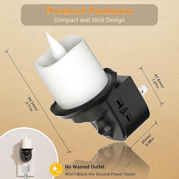 JandCase Night Lights Plug into Wall, 2 Pack Flameless Flickering Electric Fake Candle Night Light with Dusk to Dawn Sensor, 3000K Soft White, 0-100LM Dimmable Nightlight for Bathroom Bedroom Hallway