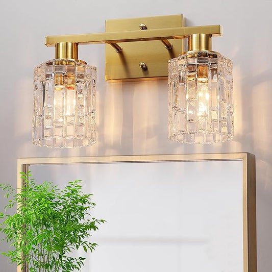 2 Light Brushed Gold Bathroom Vanity Light Over Mirror, Modern Vanity Lighting with Crystal Glass Shade, Wall Mount Bathroom Light Fixtures, E26 Base