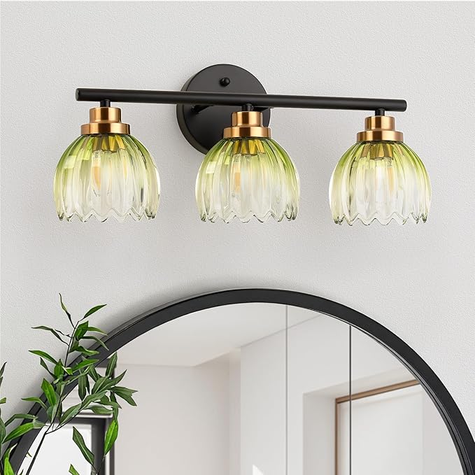 TALOYA Bathroom Vanity Light Fixtures, 3-Light Modern Black and Gold Wall Lights Over Mirror with Gradient Green Tulip Glass Shades Bathroom Wall Lamp for Mirror, Living Room,Hallway, Cabinet Porch