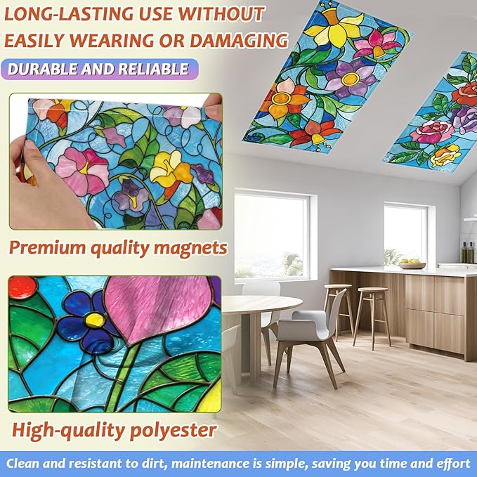 Wiooffen 6 Pcs Fluorescent Light Covers with 60 Magnets Decorative for Classroom Ceiling Light 4 x 2 Feet Magnetic Light Covers Filter Easy Install for Office Hospitals & Home (Stained Glass Floral)