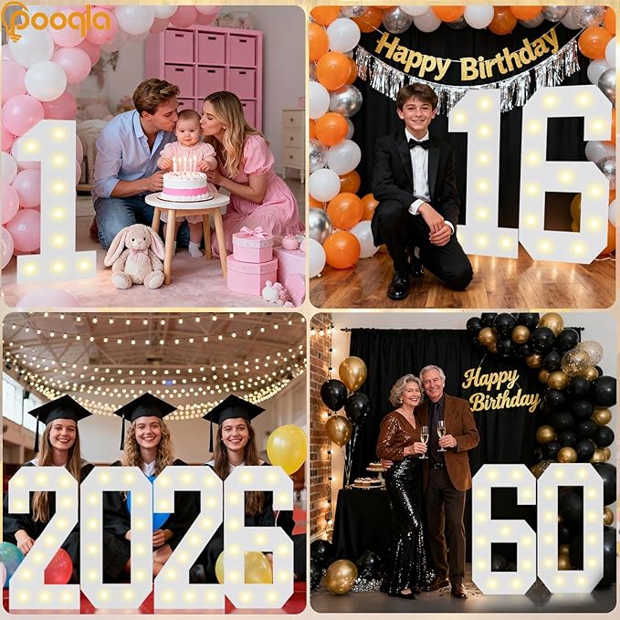 Pooqla 2.4FT Light Up Numbers, Marquee Numbers 2.4 Feet Tall Party Decor for Her Him, Mosaic Big Sign for 1st 16th 21st Birthday Anniversary Decoration Backdrop, Large Pre-Cut Frame Number 1